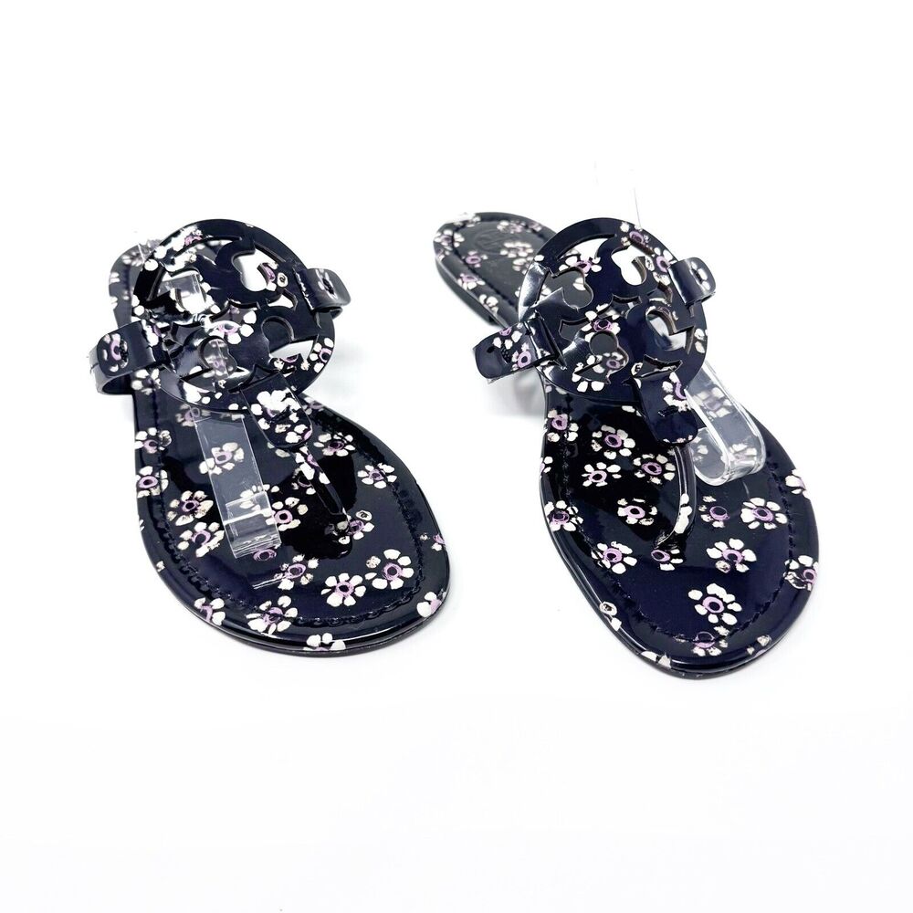 Tory Burch Black Stamped Floral Flowers Patent Leather Miller Sandals Size 10